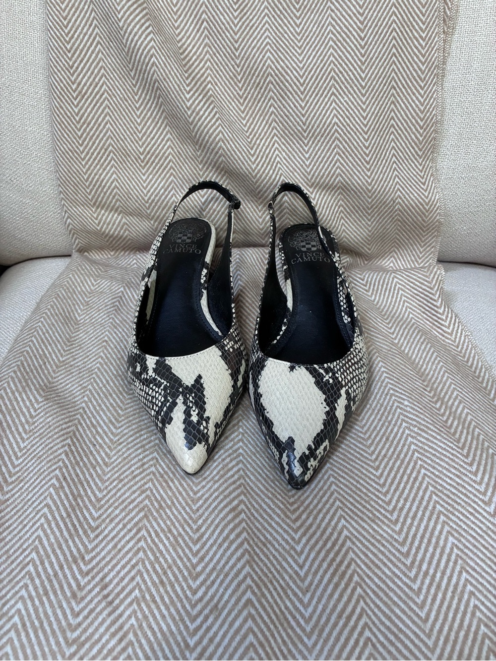 Vince Camuto Black and Cream Snake-Print Slingback Pumps